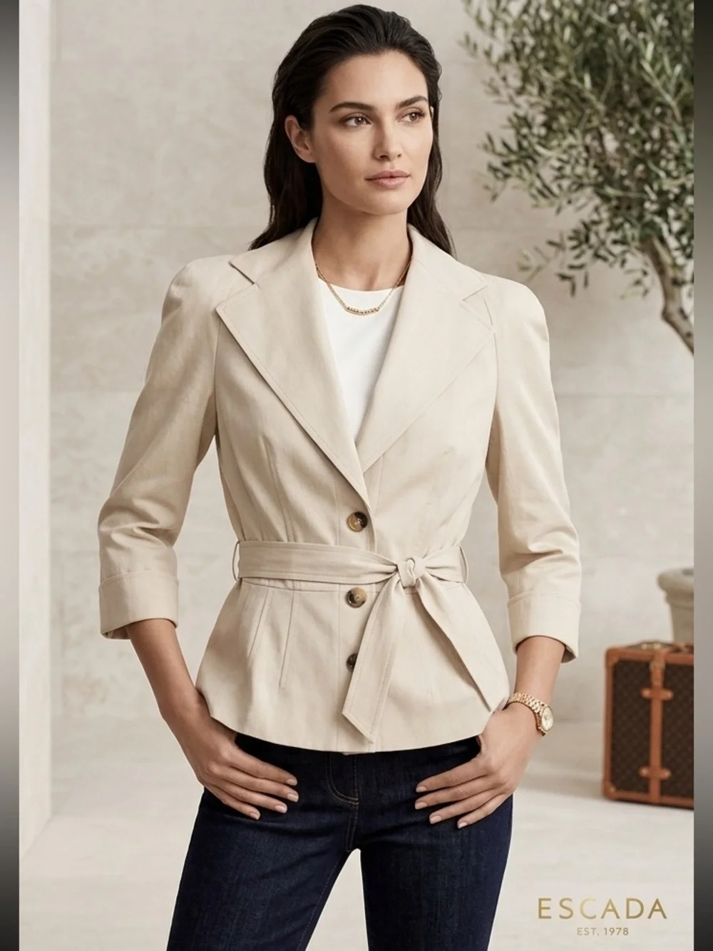 Escada Tan‎ Belted Cropped Trench utility coat jacket size 38 8